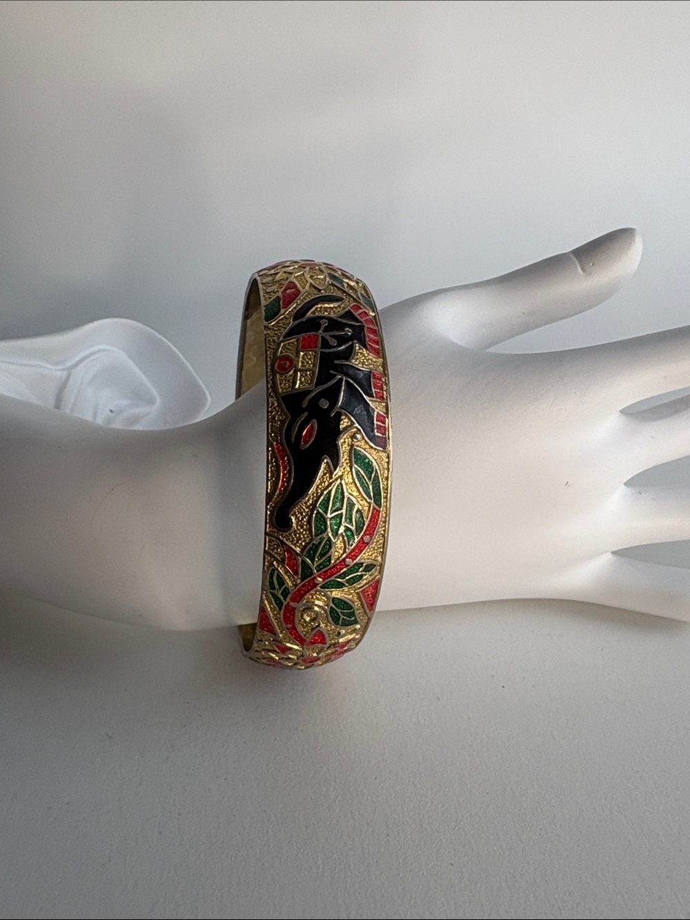 Gold Enamel Floral Bangle Red Green Black Statement Bracelet